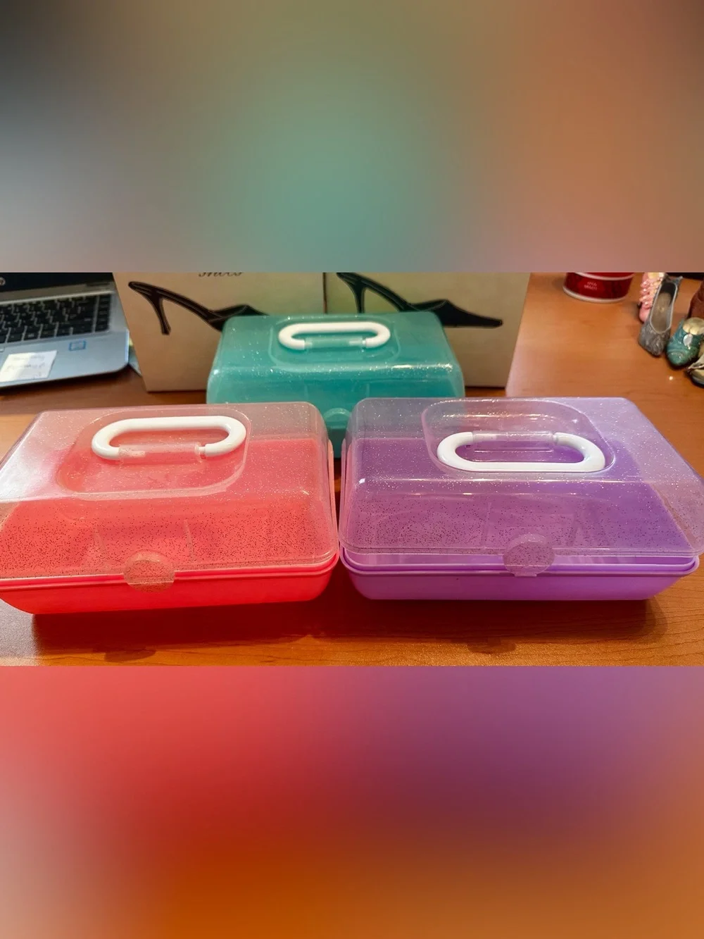 Glitter Handle Storage Box Set - Pink, Purple & Teal